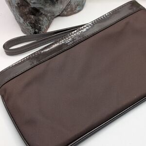 Kate Spade Patent Leather Trim And Nylon Brown Clutch With Red Interior